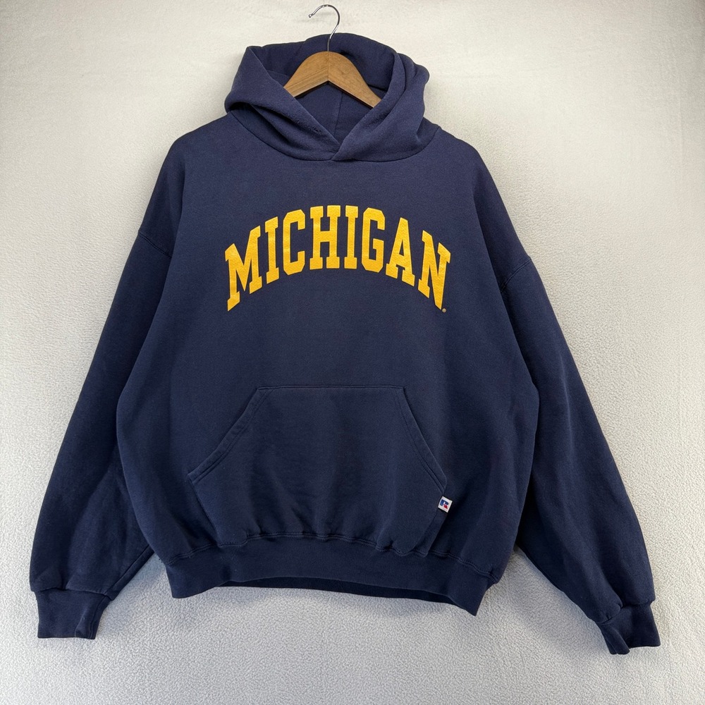 Vintage Michigan Wolverines hoodie Mens 2XL Blue Russell Athletic Sweatshirt 90s